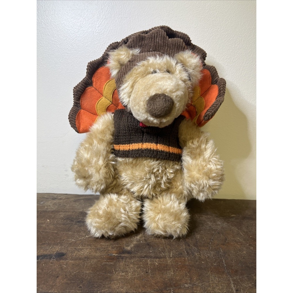 Vintage GUND Teddy Bear Turkey Sweater Tail Feathers Fall Thanksgiving 9" Plush